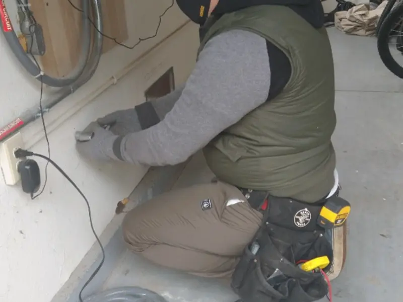 Electrician performing outlet wiring in a Narragansett garage